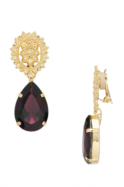 Baroque Clip-On Statement Earrings - EFL17CBGMRL - <p>The Baroque Clip-On Statement Earrings feature a large pear-cut crystal dangling from an ornate clip-on metal charm. From Sorrelli's Merlot collection in our Bright Gold-tone finish.</p>