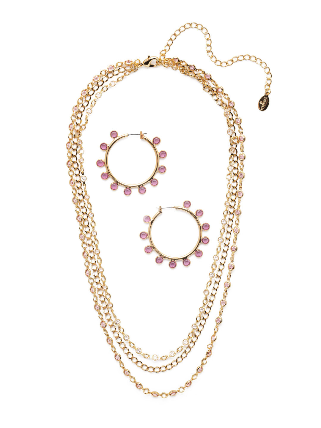 Drew Necklace/Earring Gift Set - GEP9191BGPNK - <p>Featuring a 3 layered necklaces with a matching hoop. Both designed with gorgeous clear crystals. From Sorrelli's Petal Pink collection in our Bright Gold-tone finish.</p>