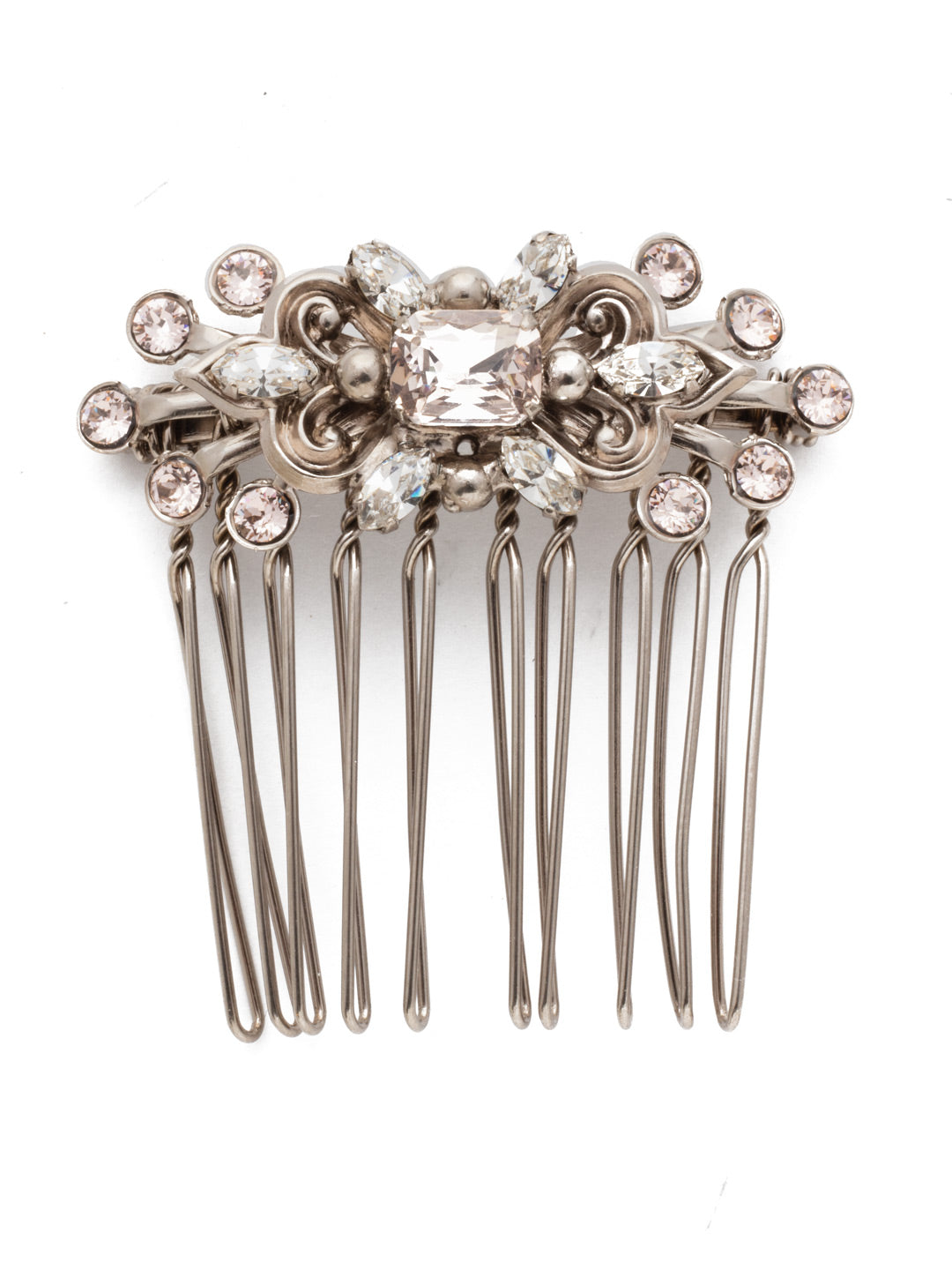 Blythe Hair Comb - HCZ55ASPLS - <p>Elegant and ornate, this hair piece features a centered large rectangular stone, embellished with decorative designs and surrounded by small round crystals. From Sorrelli's Soft Petal collection in our Antique Silver-tone finish.</p>