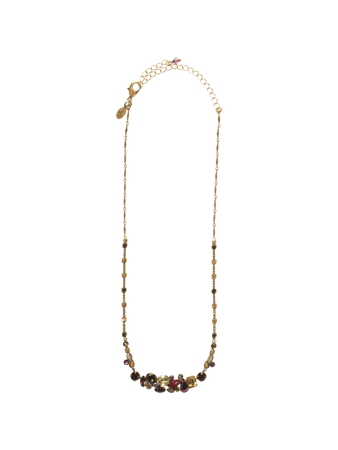 Simply Elegant Crystal Cluster Necklace Tennis Necklace - NCF26AGTAP - An elegant cluster of crystals is the central focus of this long-strand style. A bead-laden chain gives a bohemian, arts-and-crafts feel. From Sorrelli's Tapestry collection in our Antique Gold-tone finish.