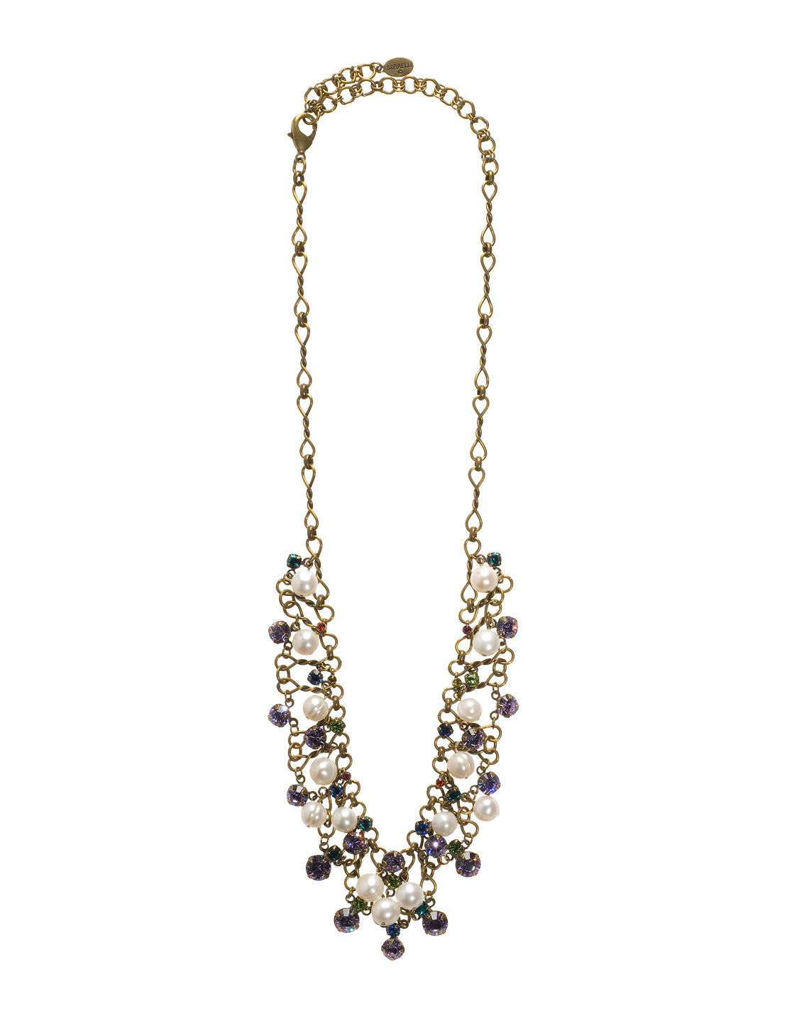 Clustered Crystal and Bead Tennis Necklace - NCF5AGHAR - A cluster of pearls and round crystals on a decorative chain creates this classically breathtaking design. From Sorrelli's Harmony collection in our Antique Gold-tone finish.