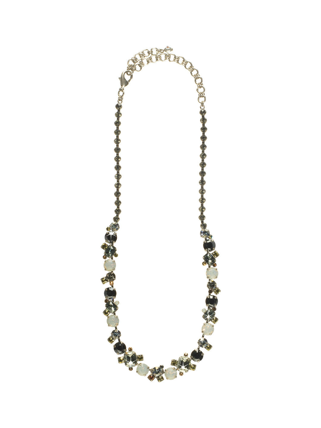Sofia Tennis Necklace - NCF6ASCJ - A classic way to shine! This shimmering classic necklace features stations of crystal clusters alternating between round crystal accents to form an interwoven pattern. Rhinestone chain completes this design for all around sparkle! From Sorrelli's Concrete Jungle collection in our Antique Silver-tone finish.