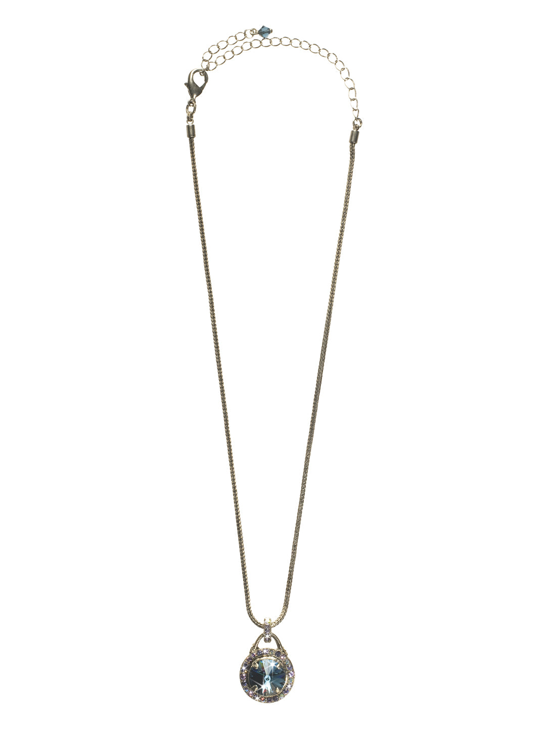 Simple Elegance Necklace - NCM20ASHY - Lock in your style! A large circle-cut crystal encased in sparkle dangles from a slick fishtail chain. Add style to any outfit with this simple, elegant pendant necklace. From Sorrelli's Hydrangea collection in our Antique Silver-tone finish.