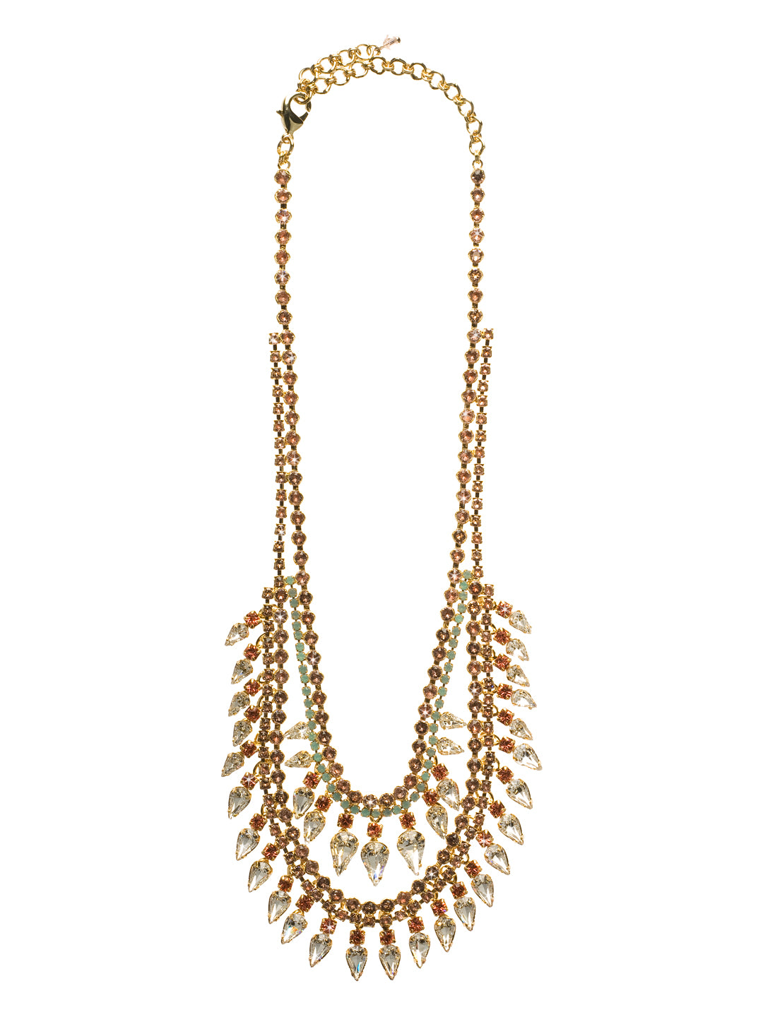 Twin Layered Statement Necklace - NCU21BGCOR - <p>Two layers of sparkle come together to create this chandelier statement. Each layer of sparkle contains a double strand of round crystals with teardrop shaped stones beneath. From Sorrelli's Coral Reef collection in our Bright Gold-tone finish.</p>