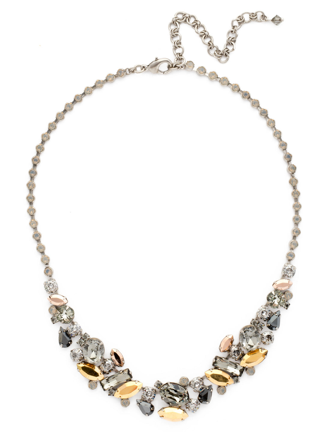Abstract Crystal Collar Necklace - NDG11ASGV - Stunning clusters of round, navette, pear, oval and cushion cut crystals make this necklace a stand-out by any standards! A rhinestone chain completes this design for all around sparkle.