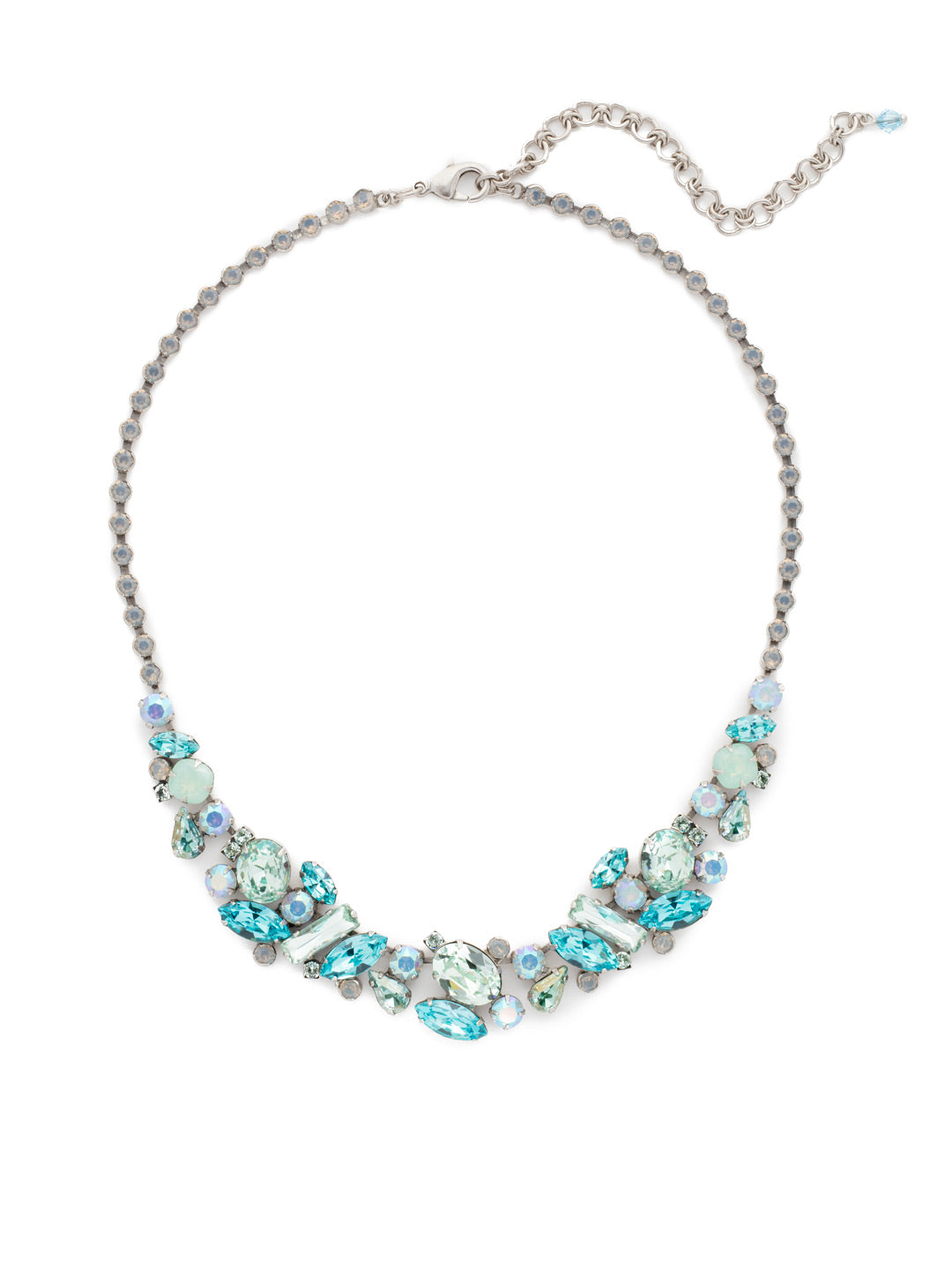 Abstract Crystal Collar Necklace - NDG11ASTT - Stunning clusters of round, navette, pear, oval and cushion cut crystals make this necklace a stand-out by any standards! A rhinestone chain completes this design for all around sparkle.