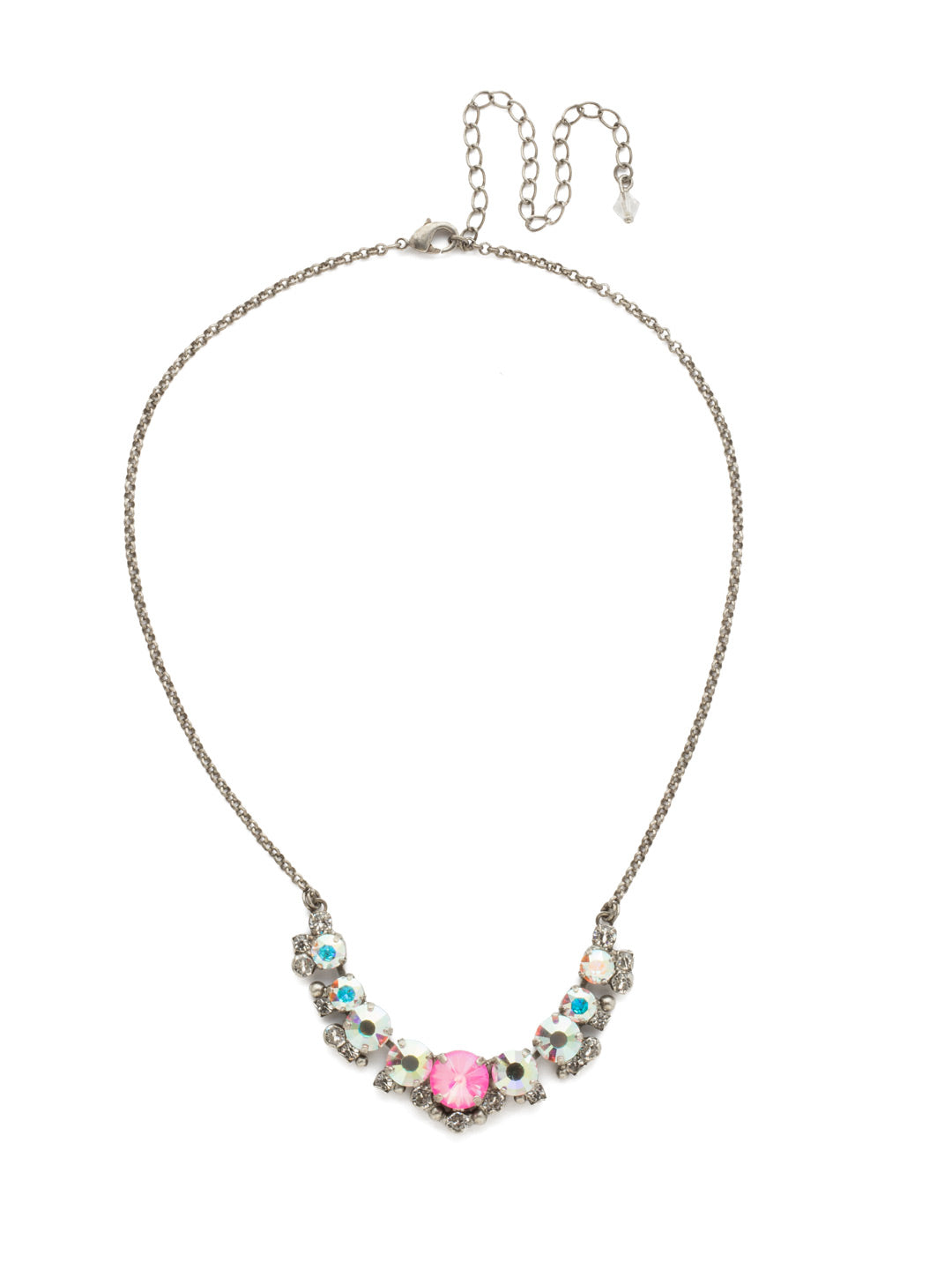 Acacia Necklace - NDG81ASPMU - A half-line necklace featuring round cut crystals in a decorative setting. From Sorrelli's Pink Mutiny collection in our Antique Silver-tone finish.