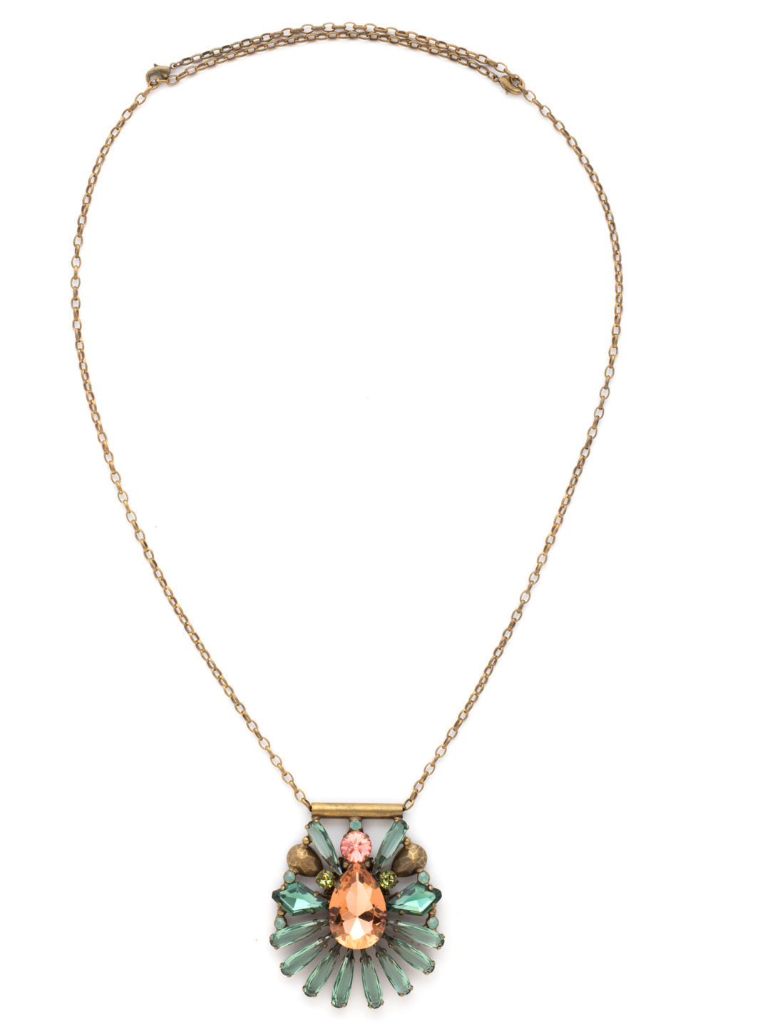 Radiant Gems Statement Pendant - NDK25AGPOP - <p>Clusters of assorted crystals radiate from a large, central pear-cut crystal. A perfect piece to wear with anything! This style also features a double lobster claw closure which allows for extreme length adjustment and easy layering with other necklaces. From Sorrelli's Gem Pop collection in our Antique Gold-tone finish.</p>