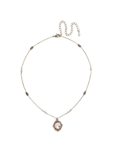 Runaround Necklace - NDM39ASCRR - A simple rivoli-cut crystal is surrounded by petite stones and finished with a filigree and bead-detailed chain.