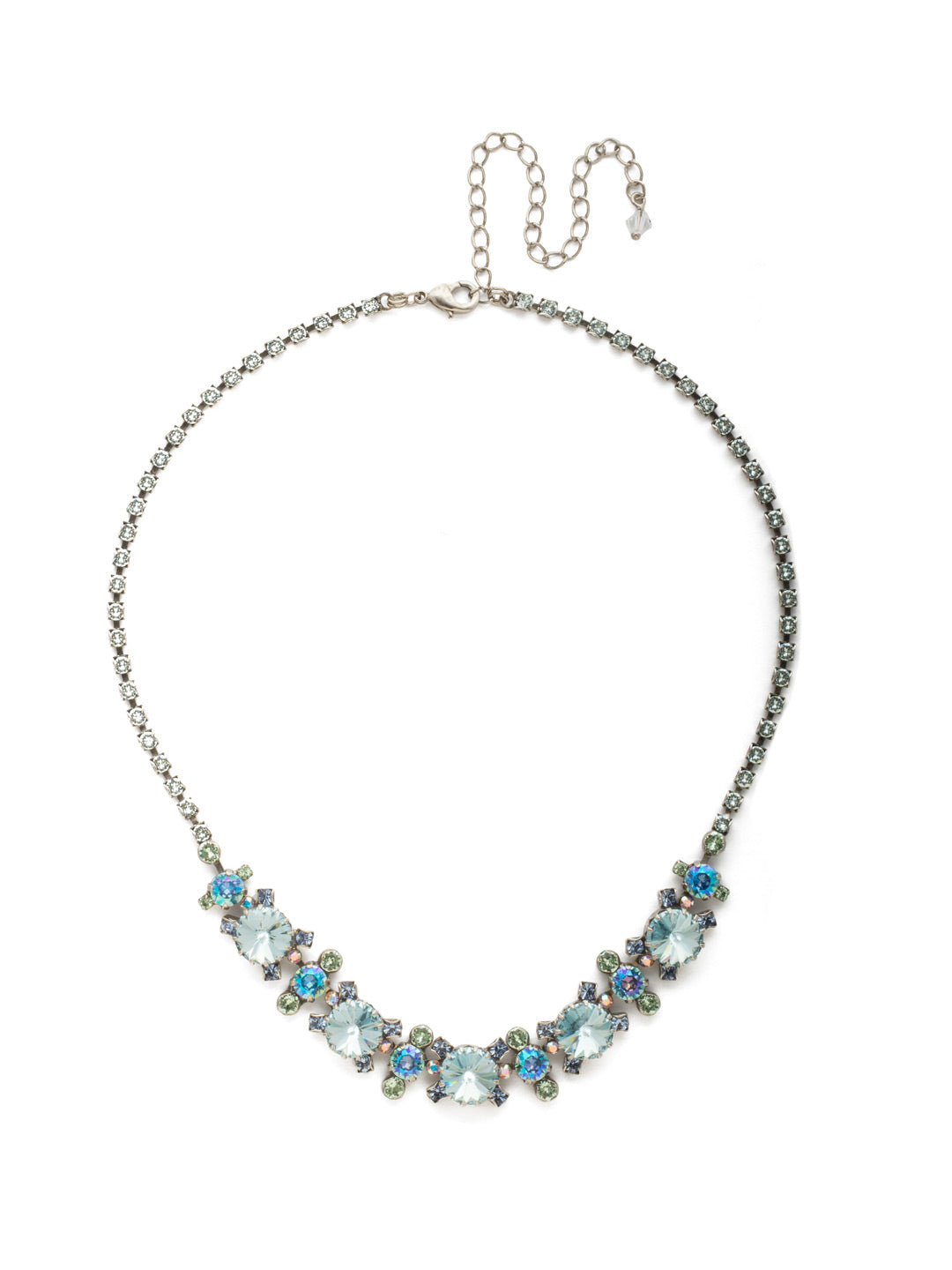 Connect the Dots Necklace Tennis Necklace - NDM40ASOCM - Five rivoli cut crystals are intermixed with a dainty design and accented by a rhinestone chain. From Sorrelli's Ocean Mist collection in our Antique Silver-tone finish.