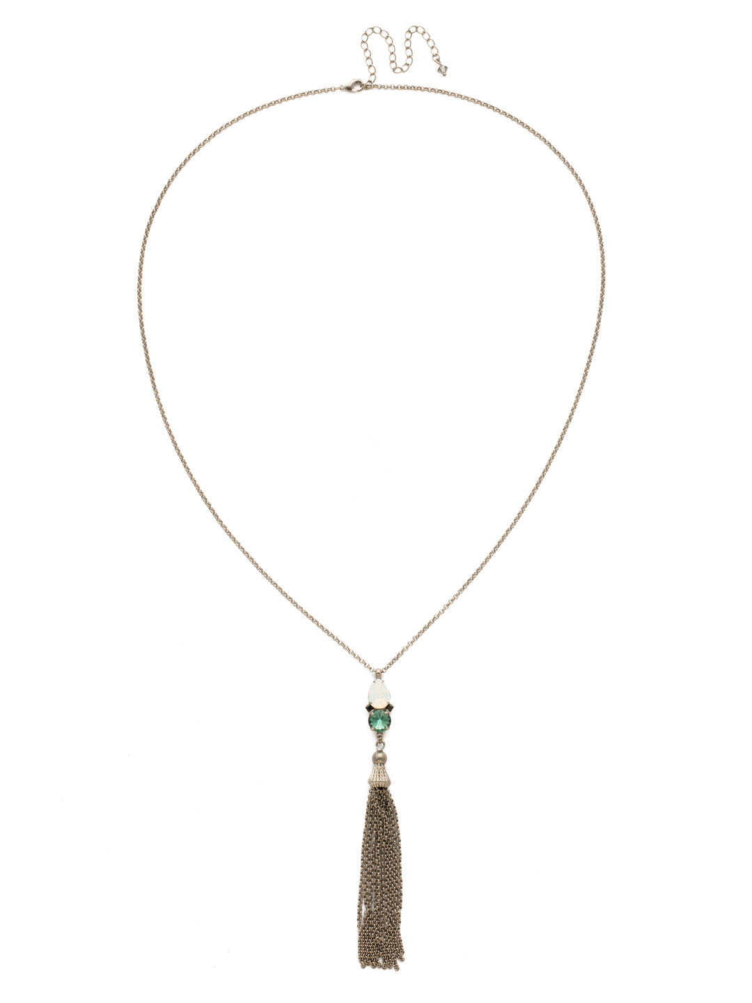 Timeless Tassel Necklace - NDN51ASGDG - <p>Our Tassel Necklace has pear and round shaped crystals embellish an ornamental tassel. Wear alone or with your favorite pendants and classic styles. From Sorrelli's Game Day Green collection in our Antique Silver-tone finish.</p>