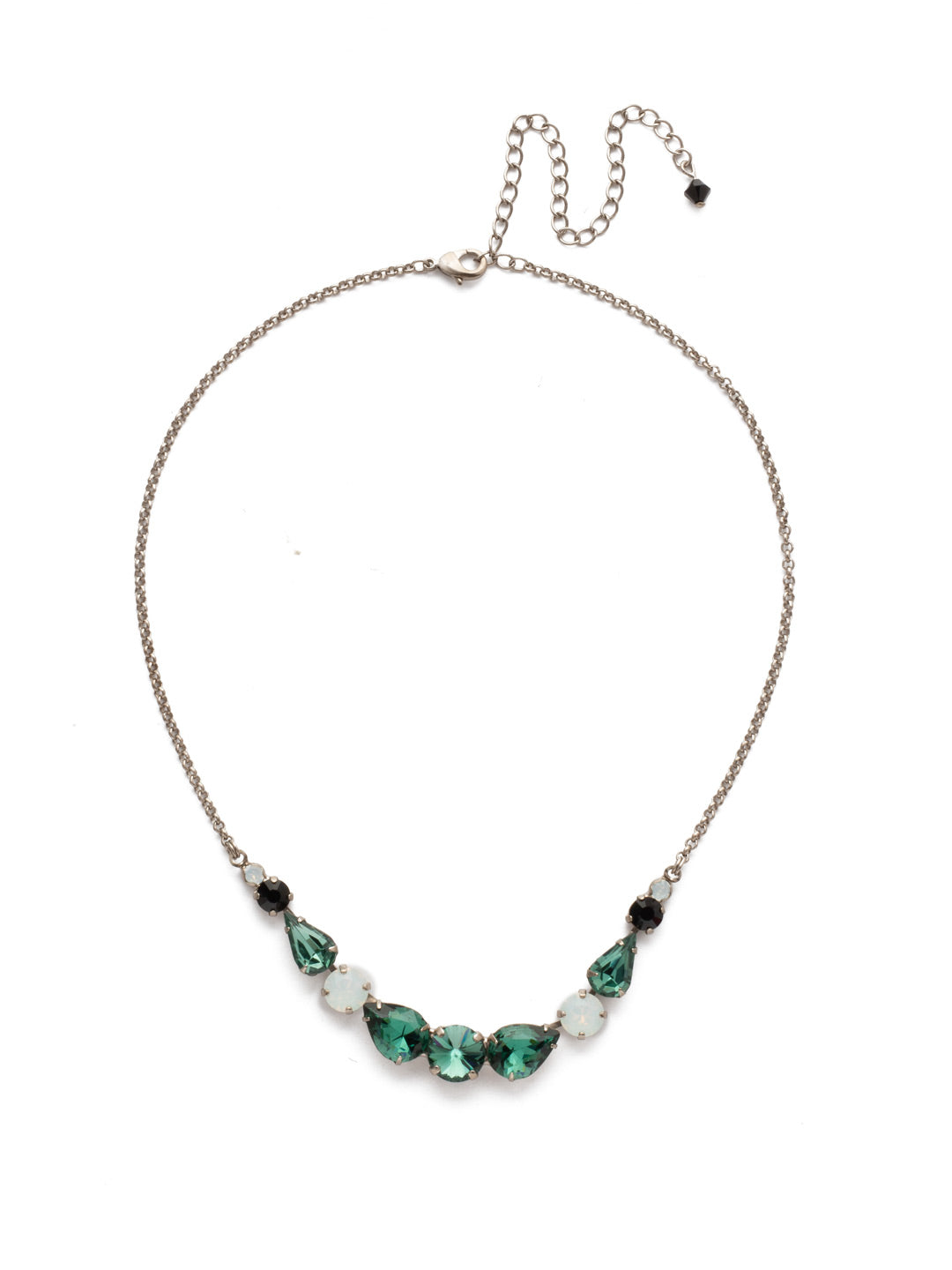 Polished Pear Statement Necklace - NDN74ASGDG - Rivoli, round &amp; pear - all in a row for a pretty, polished feel! From Sorrelli's Game Day Green collection in our Antique Silver-tone finish.