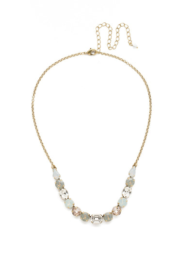 Tansy Half Line Tennis Necklace - NDQ14AGWMA - <p>Oval, round, emerald, pear and cushion cut crystals are accented by a delicate chain for subtle sparkle that looks great layered or worn solo. From Sorrelli's White Magnolia collection in our Antique Gold-tone finish.</p>