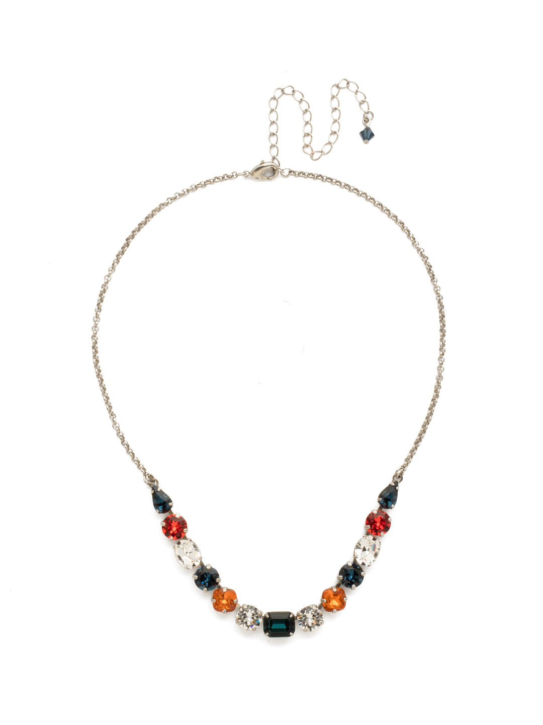 Tansy Half Line Tennis Necklace - NDQ14ASBTB - <p>Oval, round, emerald, pear and cushion cut crystals are accented by a delicate chain for subtle sparkle that looks great layered or worn solo. From Sorrelli's Battle Blue collection in our Antique Silver-tone finish.</p>
