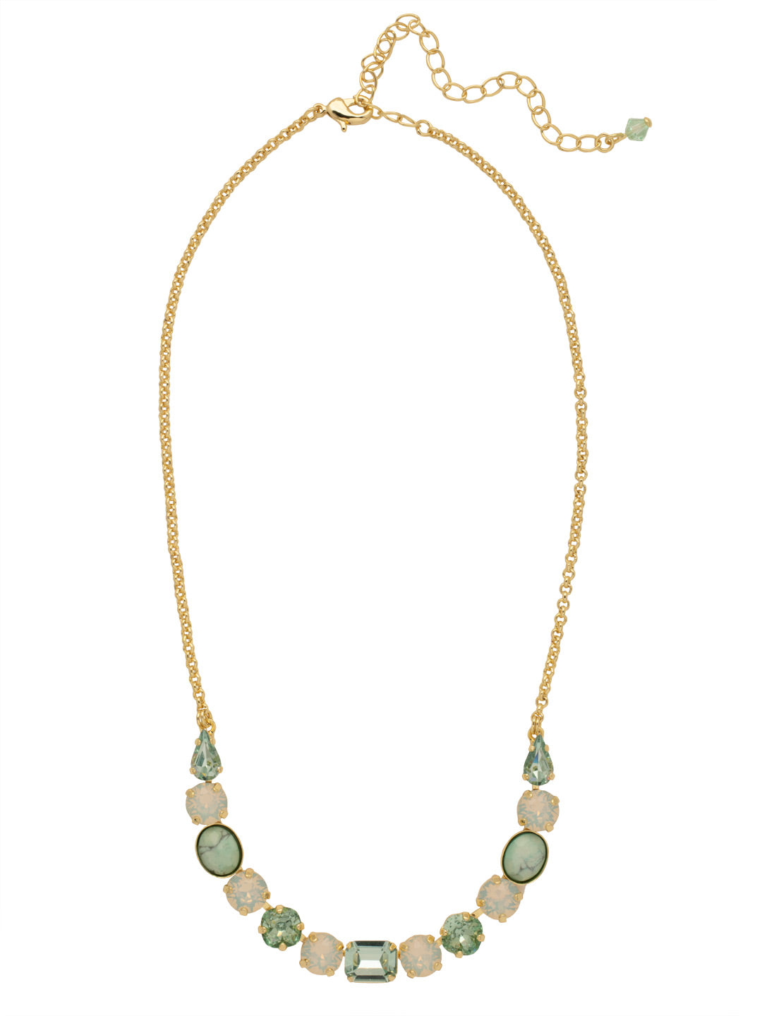 Tansy Half Line Tennis Necklace - NDQ14BGSGR - <p>Oval, round, emerald, pear and cushion cut crystals are accented by a delicate chain for subtle sparkle that looks great layered or worn solo. From Sorrelli's Sage Green collection in our Bright Gold-tone finish.</p>