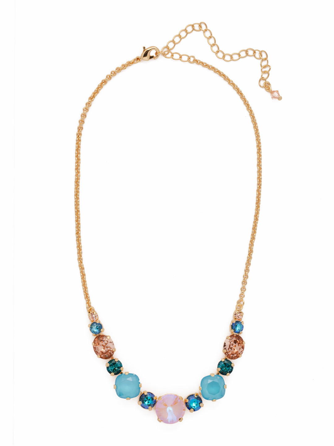 Half Circle Tennis Necklace - NDQ51BGSOP - <p>A more understated version of our Full Circle Necklace, this style features a circular rivoli crystal mixed with round and oval gems. From Sorrelli's South Pacific collection in our Bright Gold-tone finish.</p>