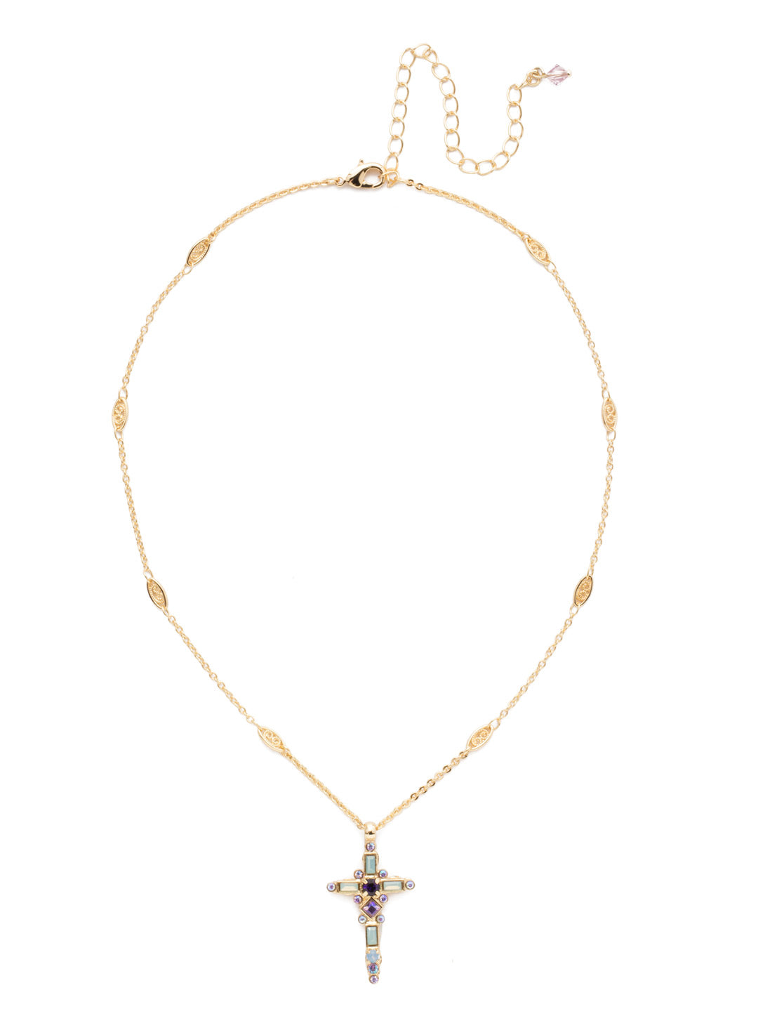 Dierdre Cross Pendant Necklace - NDQ54BGGLN - A truly divine pendant. This delicate cross necklace features multi-cut crystals in an antique inspired setting. This crystal cross necklace offers movement on the chain for ease of wear. From Sorrelli's  Grand Lagoon collection in our Bright Gold-tone finish.
