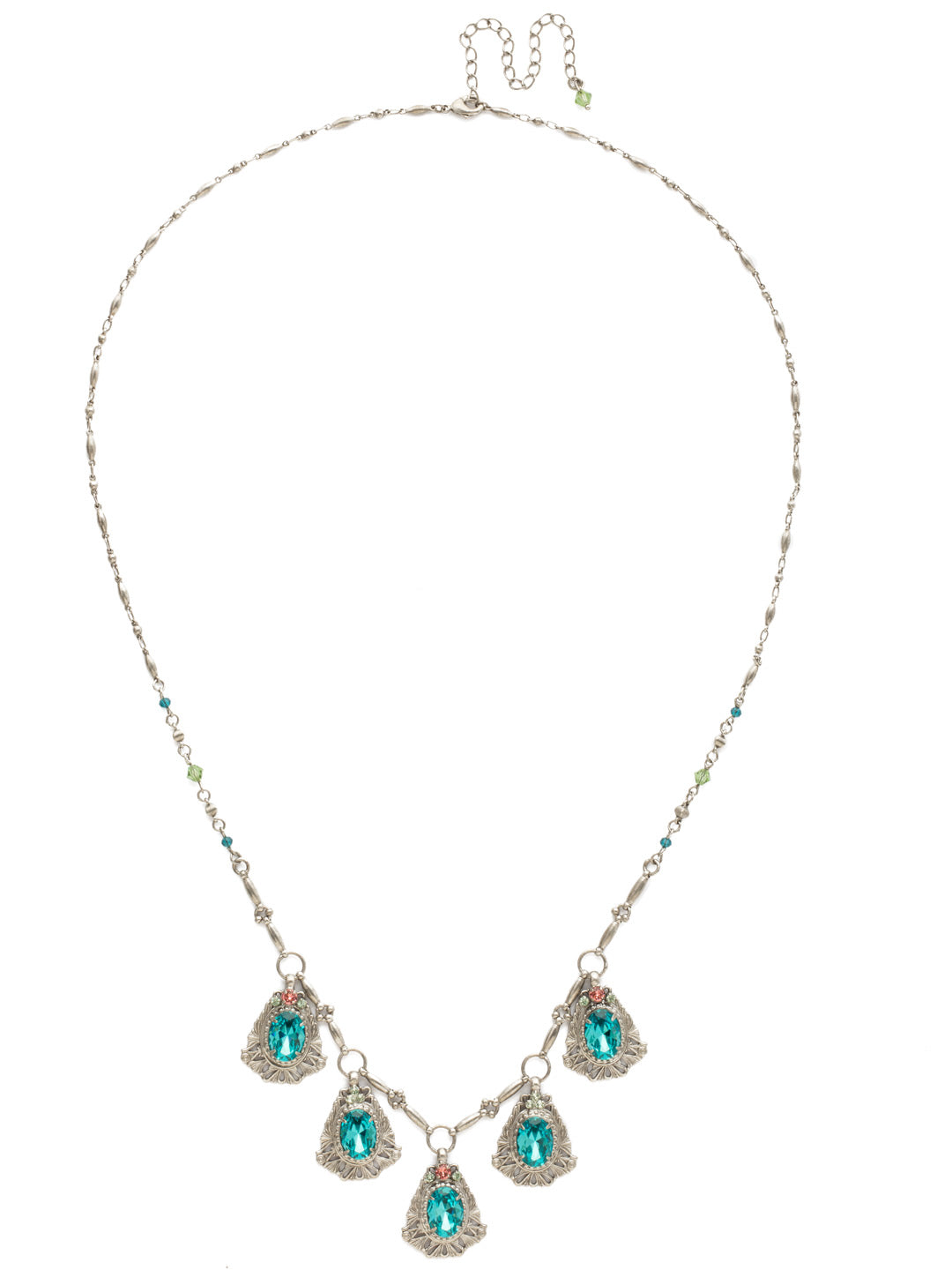 Aconitum Necklace - NDS4ASVH - <p>Five ornate metal findings showcase an oval cut crystal topped with petite rounds. A delicate beaded chain adds all-around allure. From Sorrelli's Vivid Horizons collection in our Antique Silver-tone finish.</p>