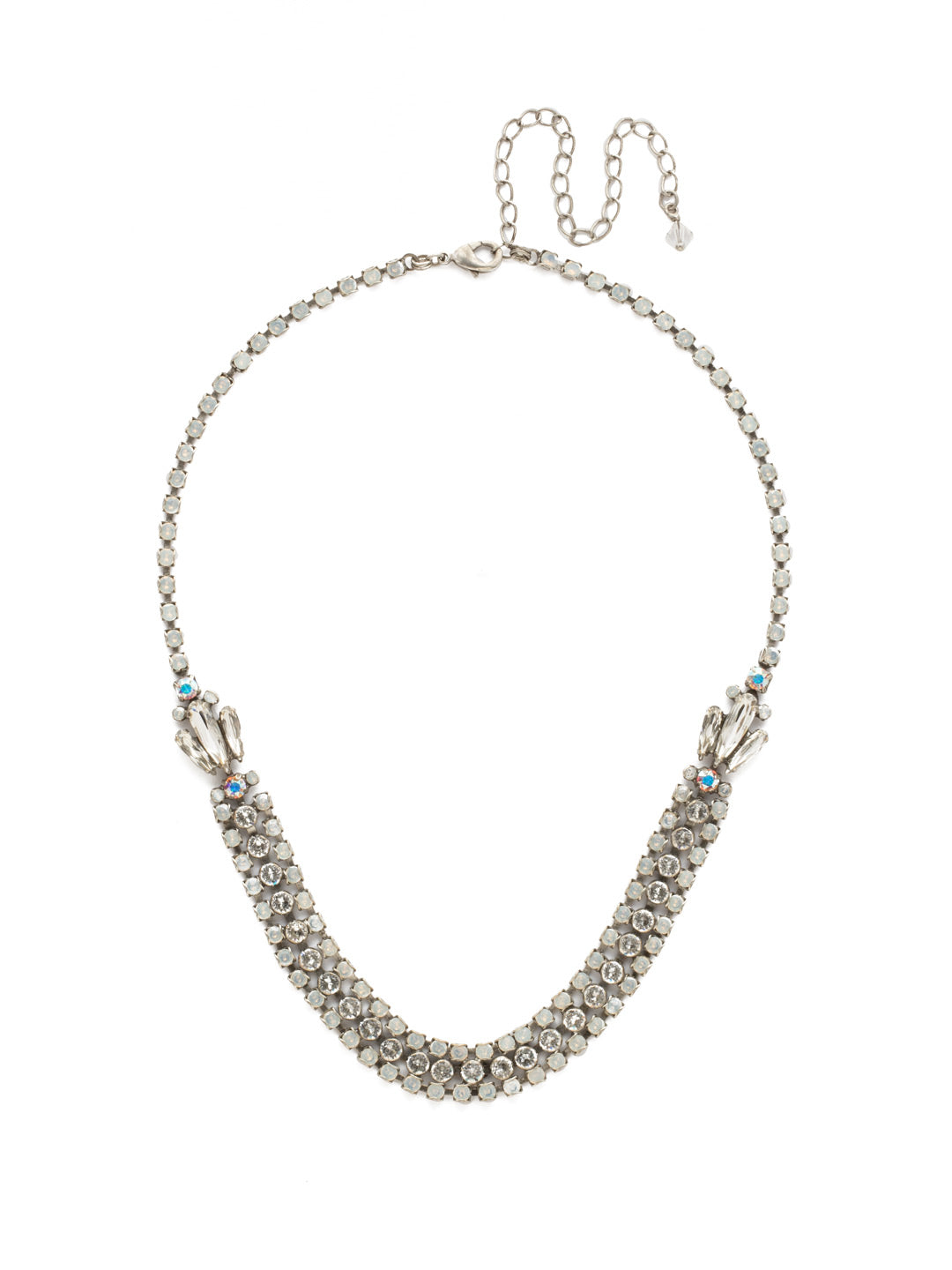 Angelica Necklace Tennis Necklace - NDT11ASWBR - Three rows of delicate round crystals are accented by three elongated navettes for a romantic, vintage feel. From Sorrelli's White Bridal collection in our Antique Silver-tone finish.