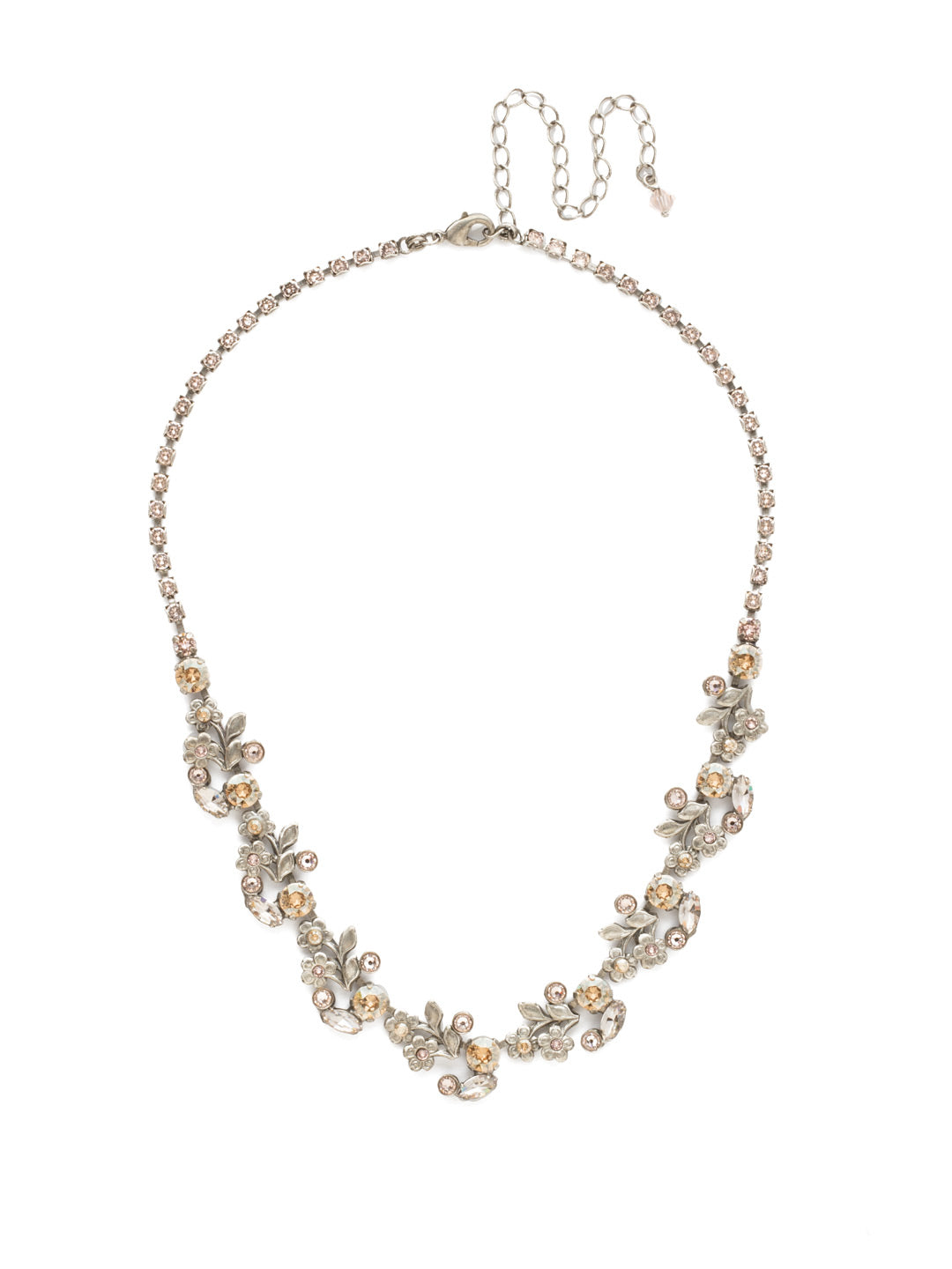 Linden Necklace Tennis Necklace - NDT19ASSBL - <p>Feminine, floral metalwork is accented with a mixture of round and navette crystals. From Sorrelli's Satin Blush collection in our Antique Silver-tone finish.</p>