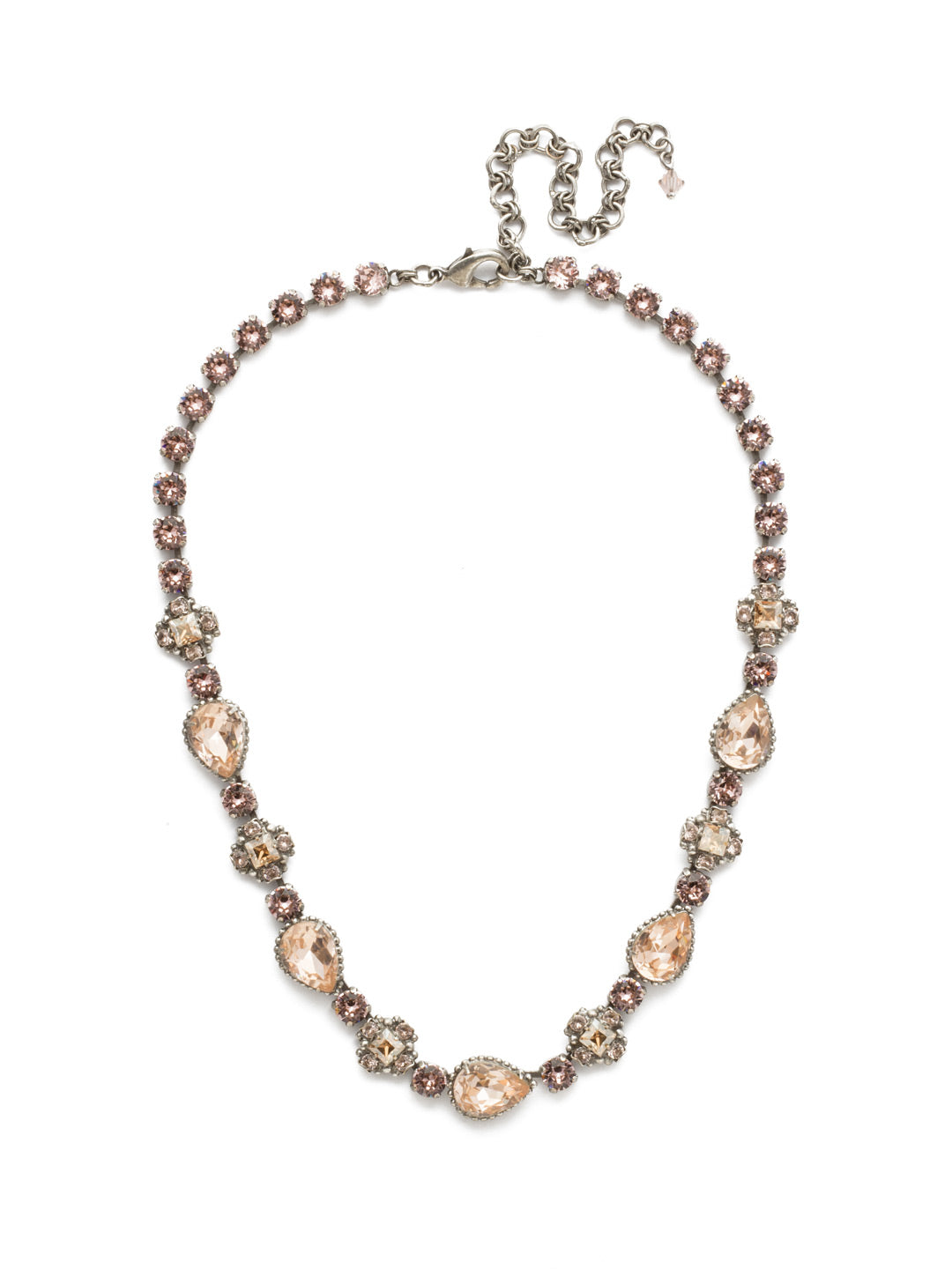 Posey Line Tennis Necklace - NDT9ASSBL - <p>Pear shaped crystals set in decorative edging alternate with vintage inspired crystal clusters for a unique design. From Sorrelli's Satin Blush collection in our Antique Silver-tone finish.</p>