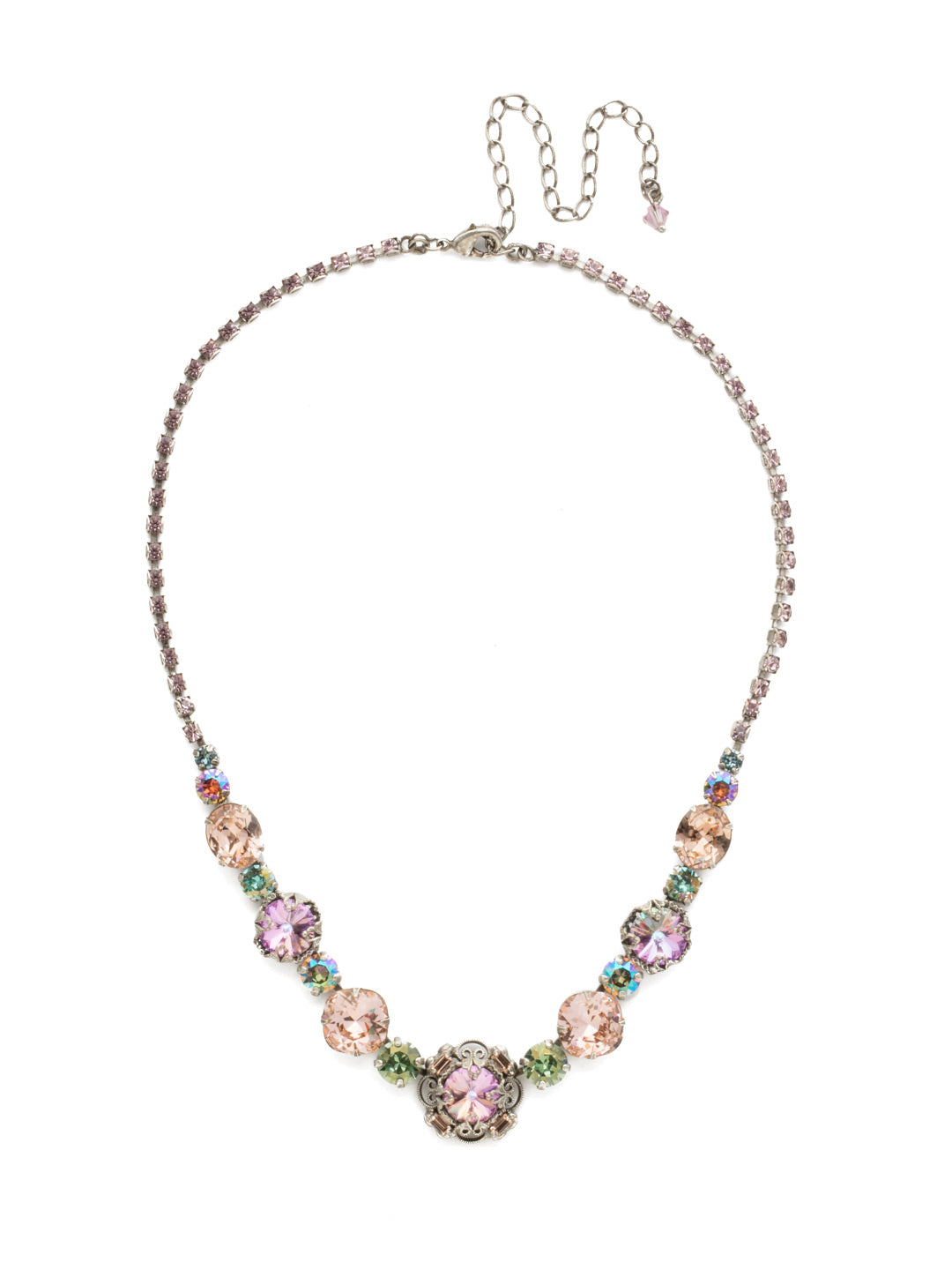 Echeveria Necklace - NDU17ASLPA - This style spotlights a link of cushion, round, and oval crystals in various sizes completed by a ball and chain clasp.