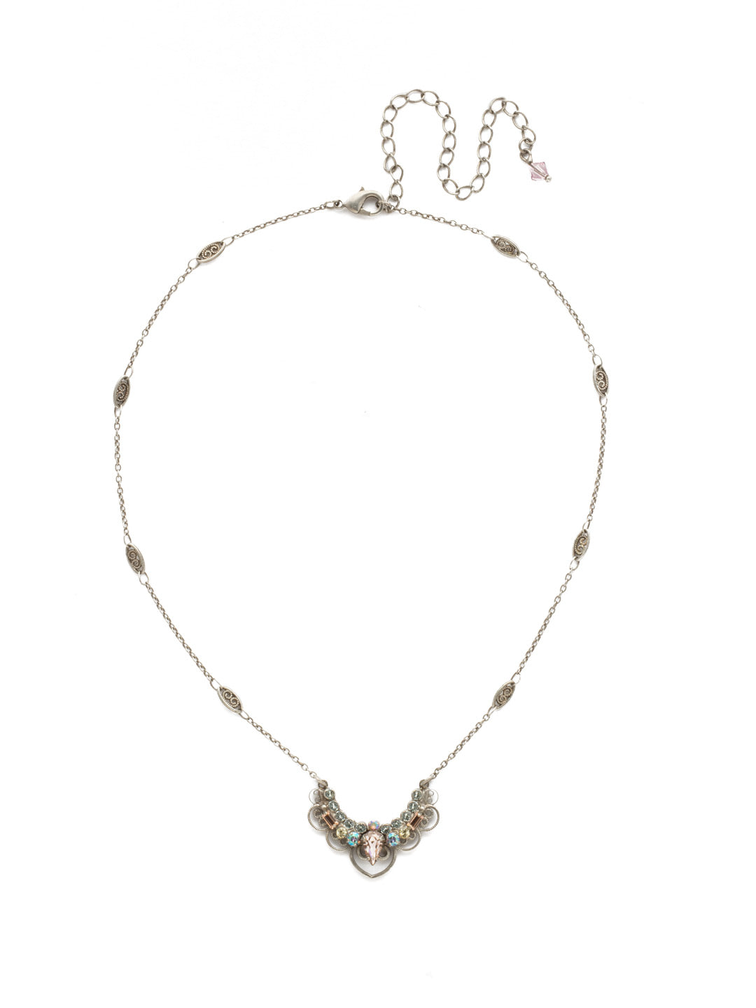 Moonflower Necklace - NDU21ASLPA - Features a ribbed chain enclosed by a ball and chain clasp with a crescent of crystals in round, navette, and square to form a pendant.