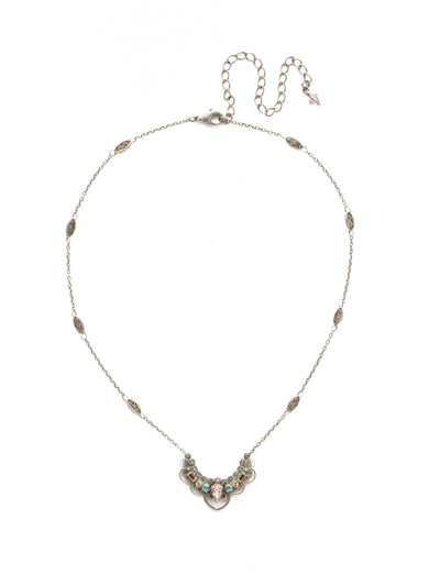 Moonflower Necklace - NDU21ASLPA - Features a ribbed chain enclosed by a ball and chain clasp with a crescent of crystals in round, navette, and square to form a pendant.