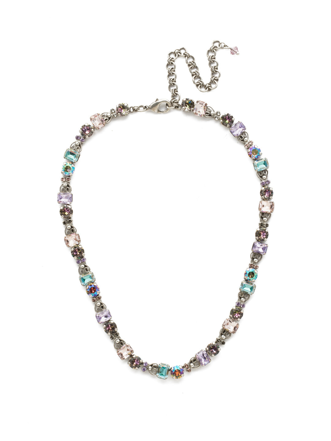 Orchid Necklace - NDU23ASLPA - Complete with a pattern arrangement of round and square crystals enclosed by a ball and chain clasp.