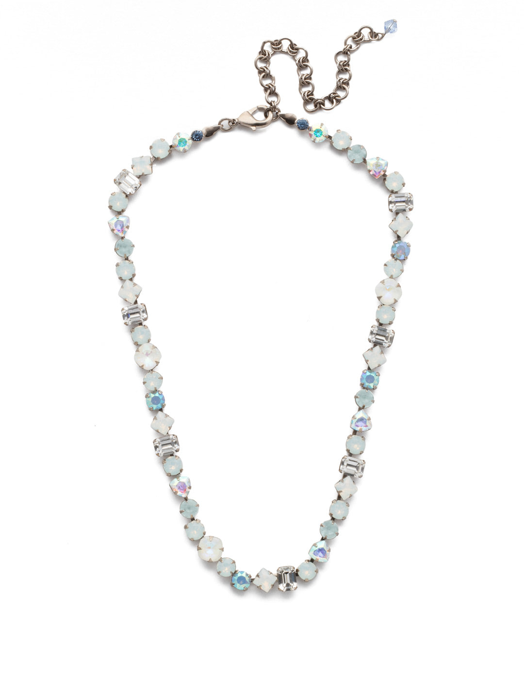 Sedge Tennis Necklace - NDX1ASGLC - This fully encrusted crystal necklace features a variety of stones in square, round, cushion antique, triangle antique, and baguette shapes. From Sorrelli's Glacier collection in our Antique Silver-tone finish.