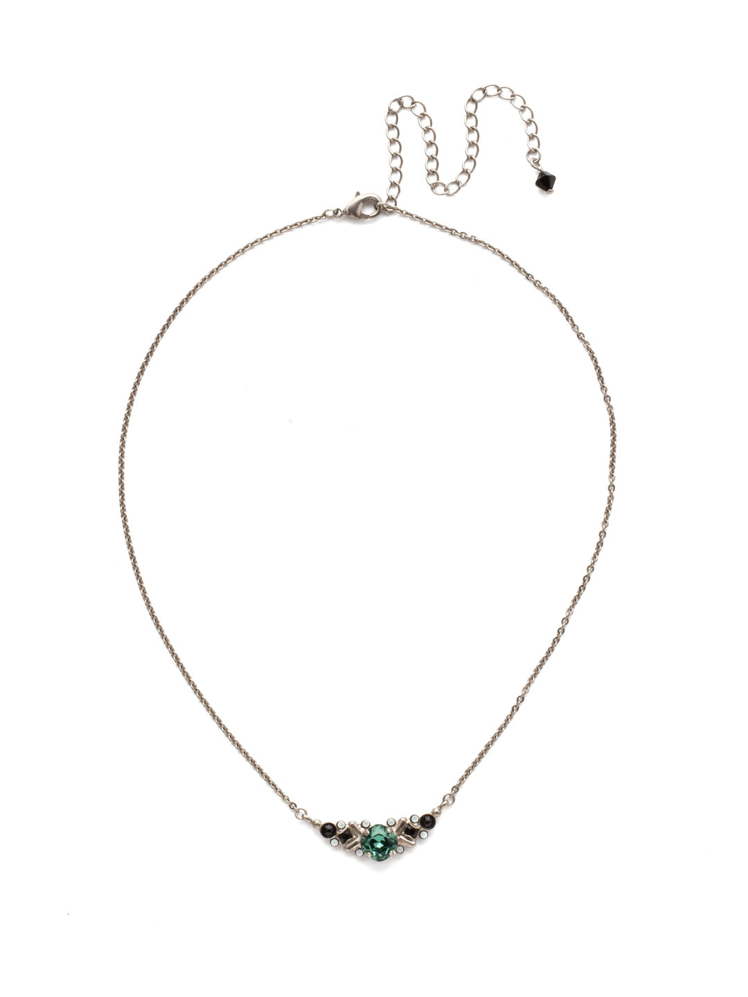 Araila Pendant Necklace - NDX3ASGDG - A small round cushion cut stone with metal details takes center stage while small rounds provide a delicate accent. From Sorrelli's Game Day Green collection in our Antique Silver-tone finish.