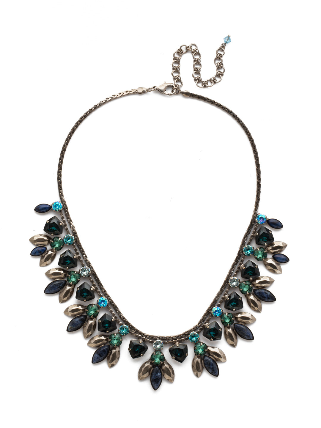 Euphorbia Necklace - NDX5ASBSD - <p>A row of shield shaped crystals and nature-inspired stone clusters is attached to a braided metal chain for all-around allure. From Sorrelli's Blue Suede collection in our Antique Silver-tone finish.</p>
