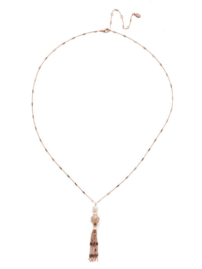 Joyelle Pendant Necklace - NEA42RGROG - <p>This long strand necklace features a purposefully placed pearl atop an intricate metal element. This design is further enhanced by a delicate, free flowing multi-strand tassel. From Sorrelli's Rose Garden  collection in our Rose Gold-tone finish.</p>