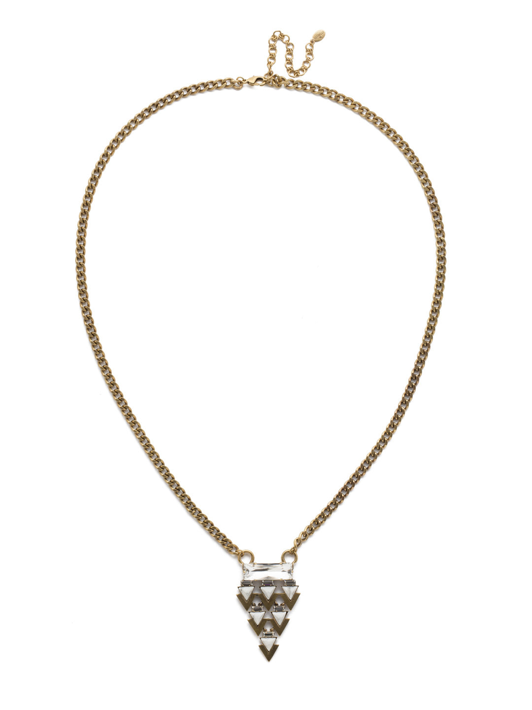 Eroh Pendant Necklace Pendant Necklace - NEB6AGIND - <p>A dramatic pendant designed with triangular stones in an arrow formation connects gracefully to a central baguette stone connecting the statement pendant to a solid, edgy curb chain. Edgy and chic, this necklace can be worn with anything. From Sorrelli's Industrial collection in our Antique Gold-tone finish.</p>