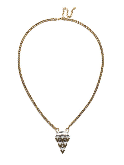 Eroh Pendant Necklace Pendant Necklace - NEB6AGIND - A dramatic pendant designed with triangular stones in an arrow formation connects gracefully to a central baguette stone connecting the statement pendant to a solid, edgy curb chain. Edgy and chic, this necklace can be worn with anything. From Sorrelli's Industrial collection in our Antique Gold-tone finish.