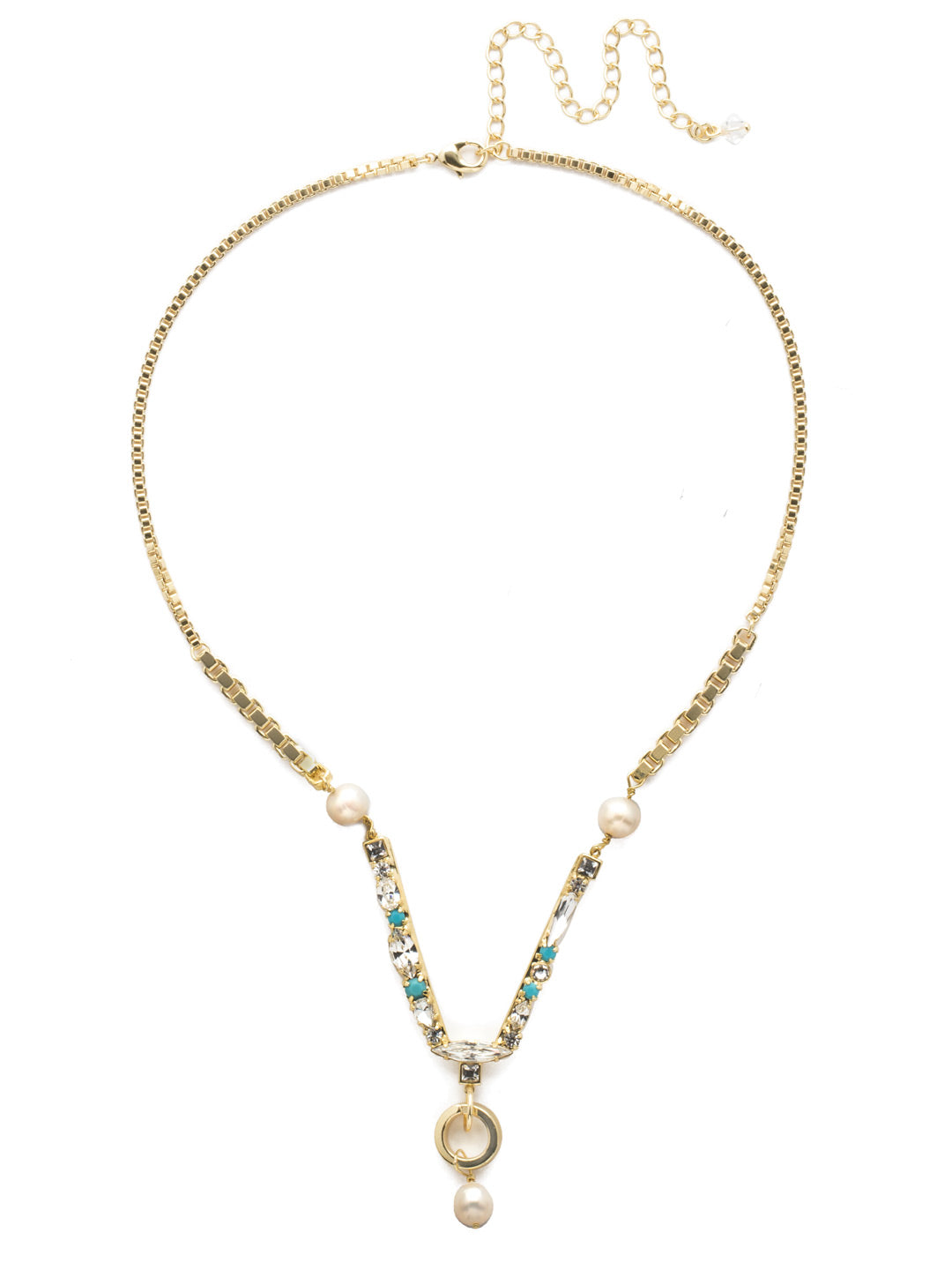 Aryana Necklace - NEC6BGPLP - <p>A modern must-have! This classic line necklace showcases a geometric design with unique box chain and a central structured crystal element. Finished by a metal circle charm. From Sorrelli's Polished Pearl collection in our Bright Gold-tone finish.</p>