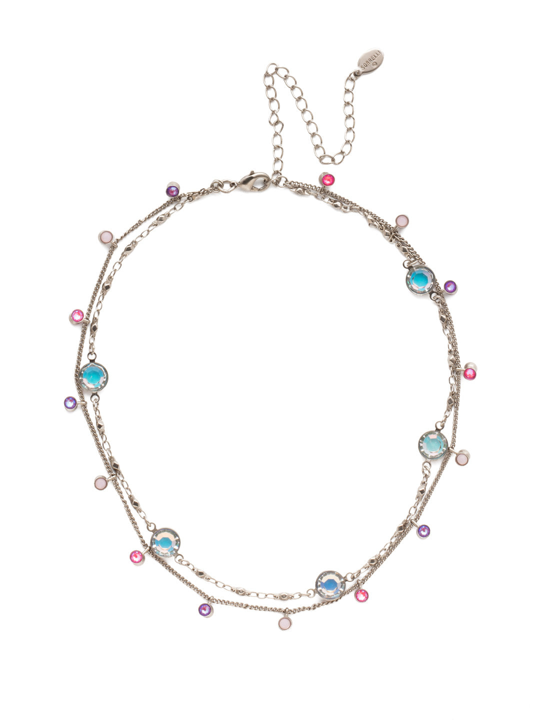 Dewdrop Layered Necklace - NEK36ASETP - Delicate layers of chain drizzled with droplets of opaque crystals. A quick and easy solution for a layered look with one piece. From Sorrelli's Electric Pink collection in our Antique Silver-tone finish.