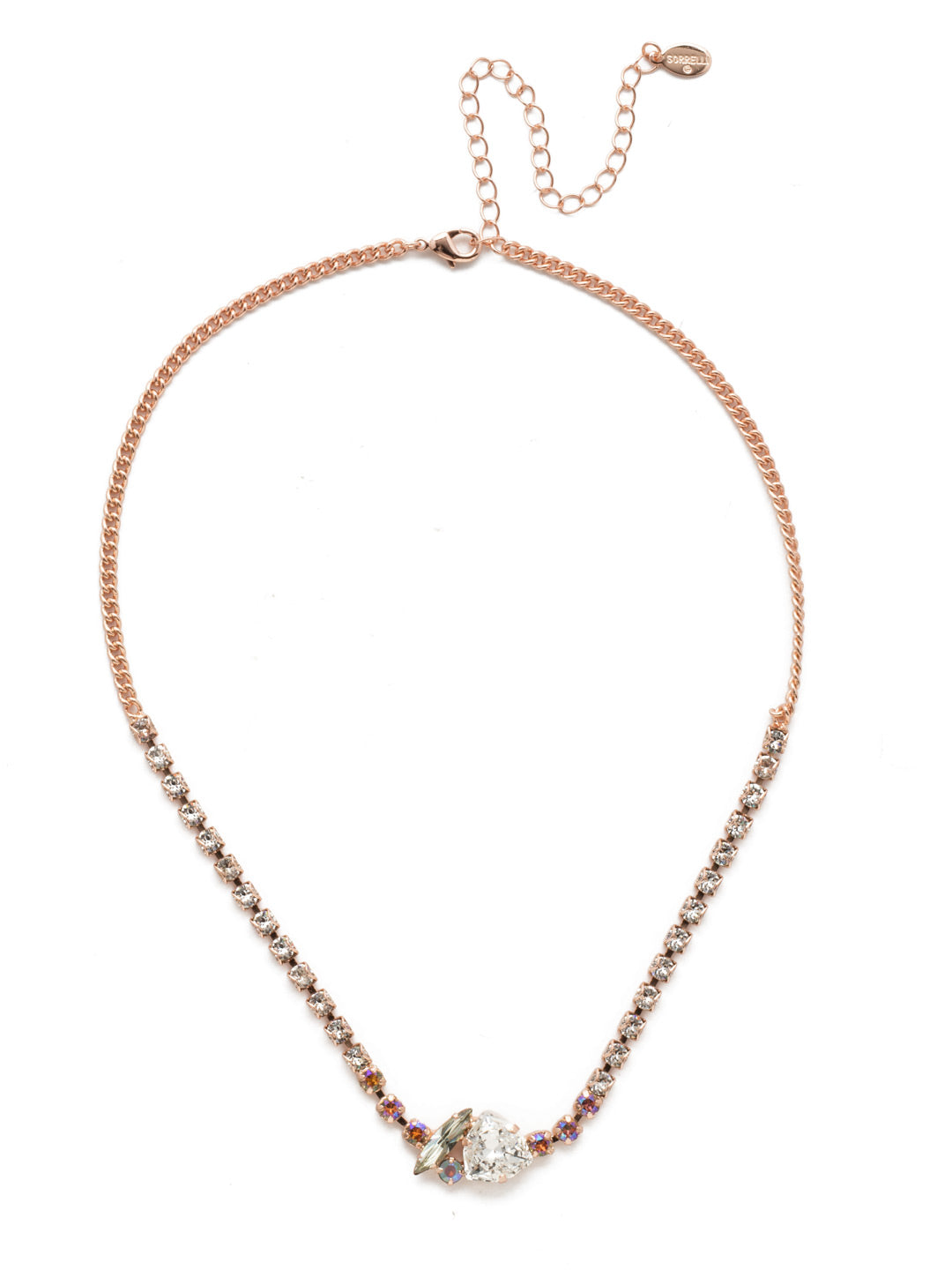 Leighton Tennis Necklace - NEN3RGROG - <p>The Lehighton Statement Necklace is the layer of drama you're looking for when planning a special night out. Anchored with both a statement navette and triangle stone, its strand exudes sparkle, too. From Sorrelli's Rose Garden  collection in our Rose Gold-tone finish.</p>