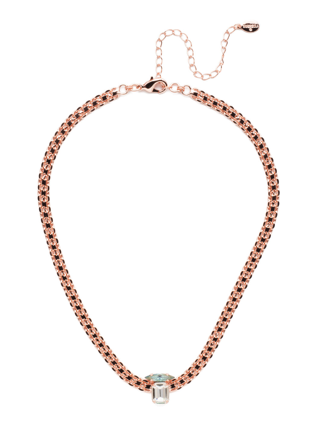 Graycen Tennis Necklace - NEP15RGCAZ - Metal rules in the Graycen Tennis Necklace. Layer on thick, dark standout links complemented by a cushion octagon and navette crystal sparkler. From Sorrelli's Crystal Azure collection in our Rose Gold-tone finish.