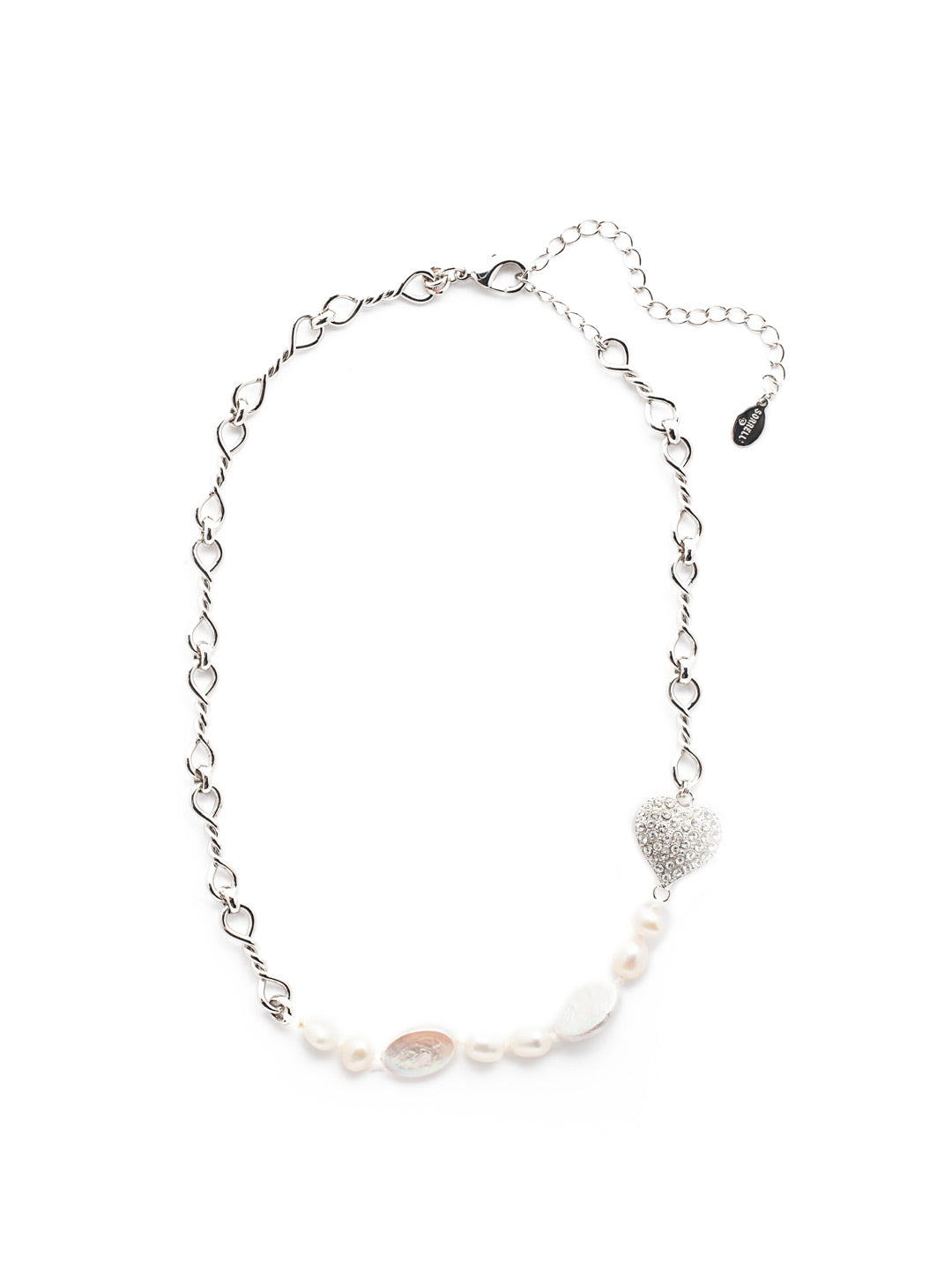 Venus Tennis Necklace - NER10PDCRY - <p>Fasten on the Venus Tennis Necklace for something particularly pretty. Links of metalwork set the stage for an offest row of classic freshwater pearls and a sparkling crystal heart. From Sorrelli's Crystal collection in our Palladium finish.</p>