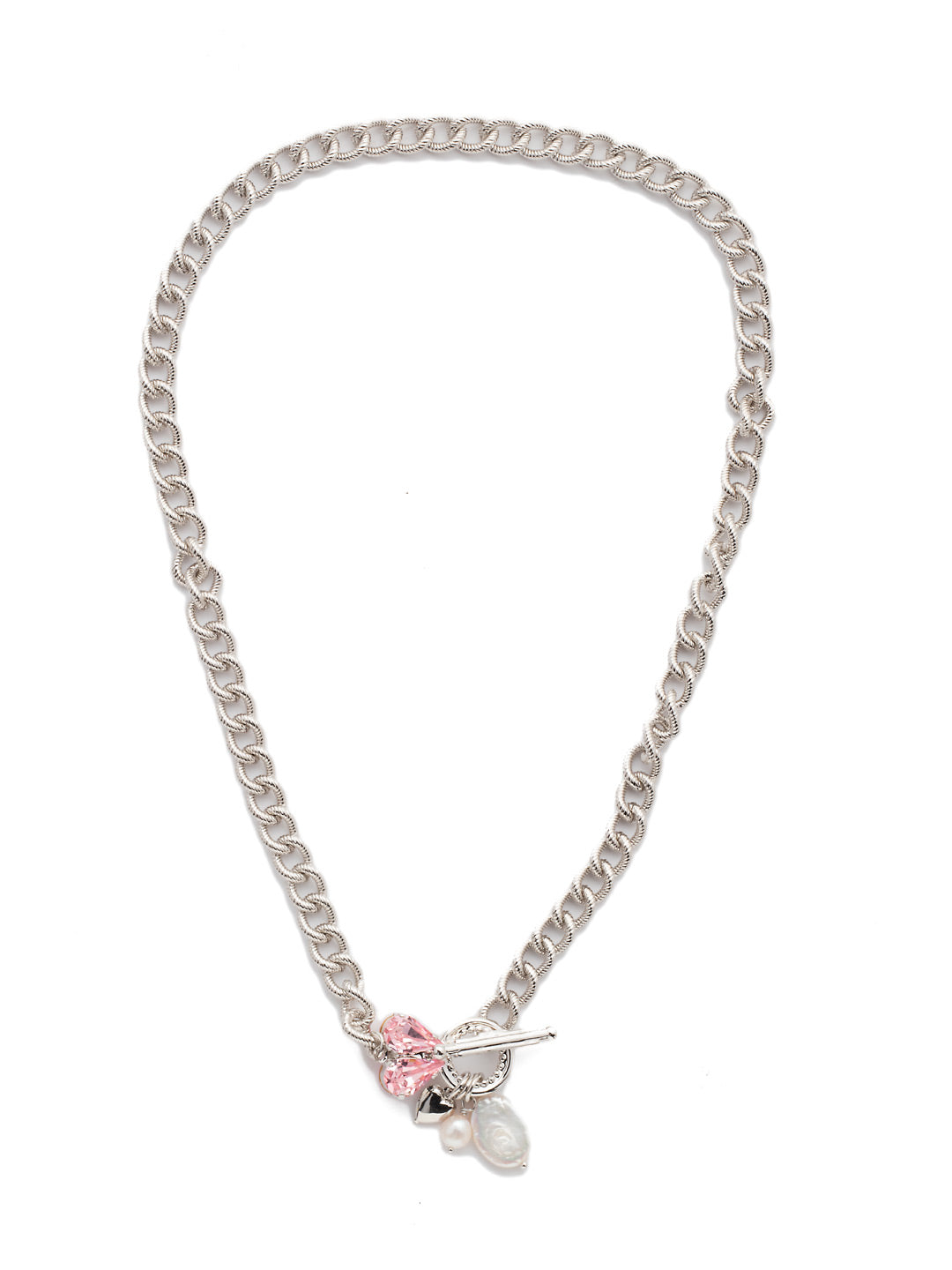 Laguna Pendant Necklace - NER5RHPOM - <p>The Laguna Pendant Necklace makes a strong statement with its metal links, but softens at the center with shimmering crystal and silver hearts joined by freshwater pearl accents. From Sorrelli's Pink Ombre collection in our Palladium Silver-tone finish.</p>