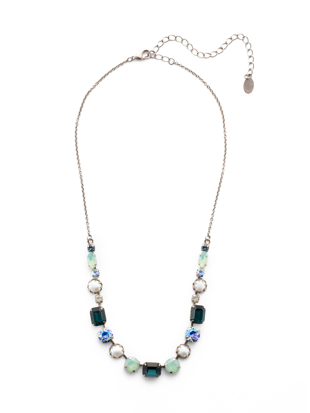 Deandra Tennis Necklace - NES10ASNFT - The Deandra Tennis Necklace is classic style personified: showcasing pretty pearls, opaque gems and sparkling cushion crystals. From Sorrelli's Night Frost collection in our Antique Silver-tone finish.