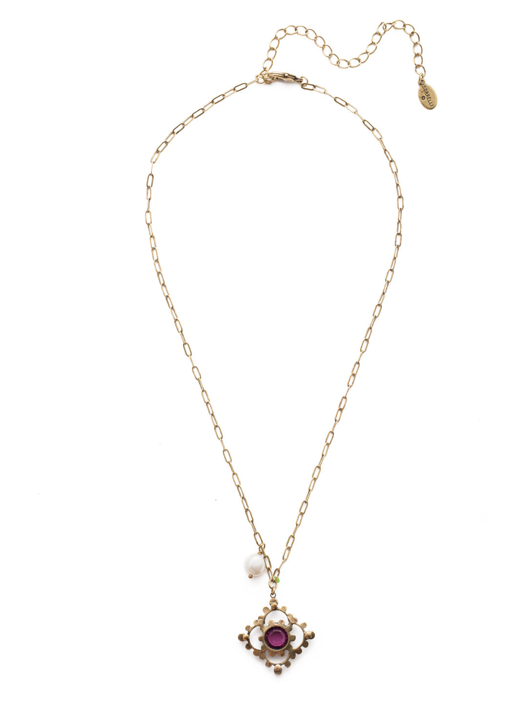 Genesis Pendant Necklace - NES3AGDCS - <p>The Genesis Pendant Necklace is proof that lots of good things can come in a smaller-sized package: hand-soldered metal detail, a clear gem, a pretty pearl, sparkling crystal…it's all there. From Sorrelli's Duchess collection in our Antique Gold-tone finish.</p>