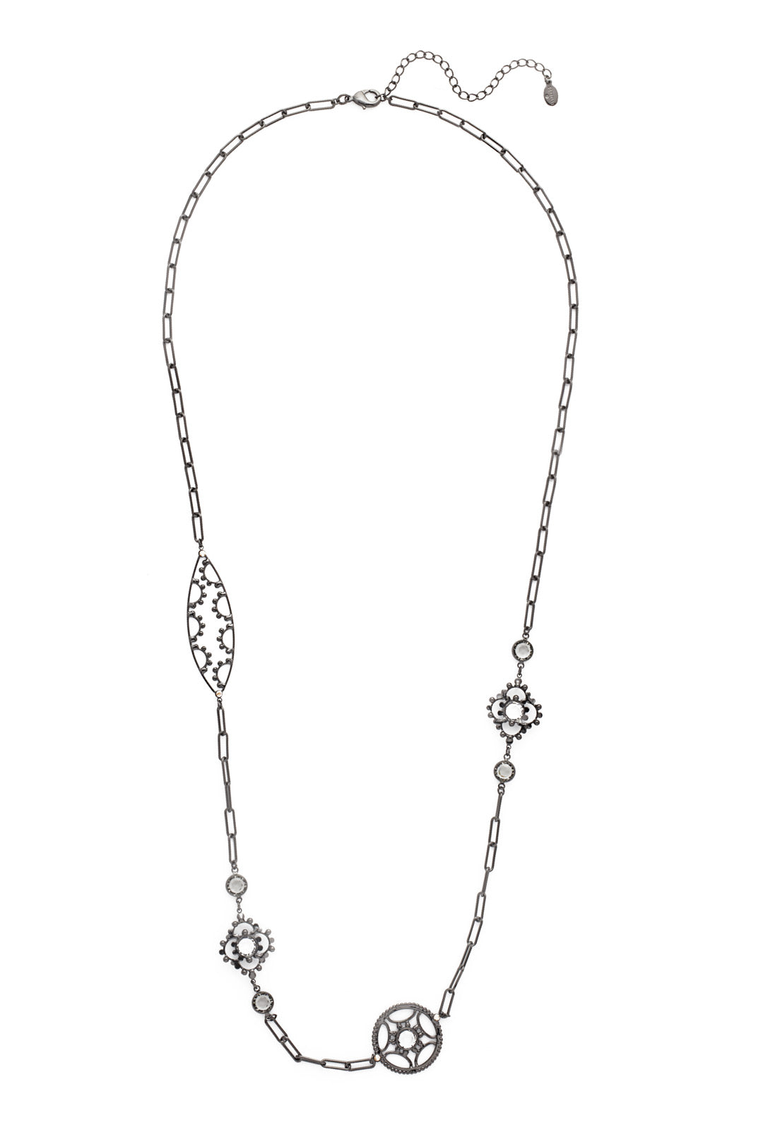 Everly Long Necklace - NES6GMGNS - The Everly Long Necklace is a great layering piece that's unlike any other in your jewelry collection with its unique hand-soldered metalwork and clear, sparkling gems. From Sorrelli's Golden Shadow collection in our Gun Metal finish.