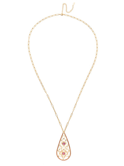 Romina Long Necklace - NES8BGBGA - Put on the Romina Long Necklace when you want to go big on glamour. Its stunning pendant is lined in hand-soldered metalwork accented by just a touch of crystal gems. From Sorrelli's Begonia collection in our Bright Gold-tone finish.