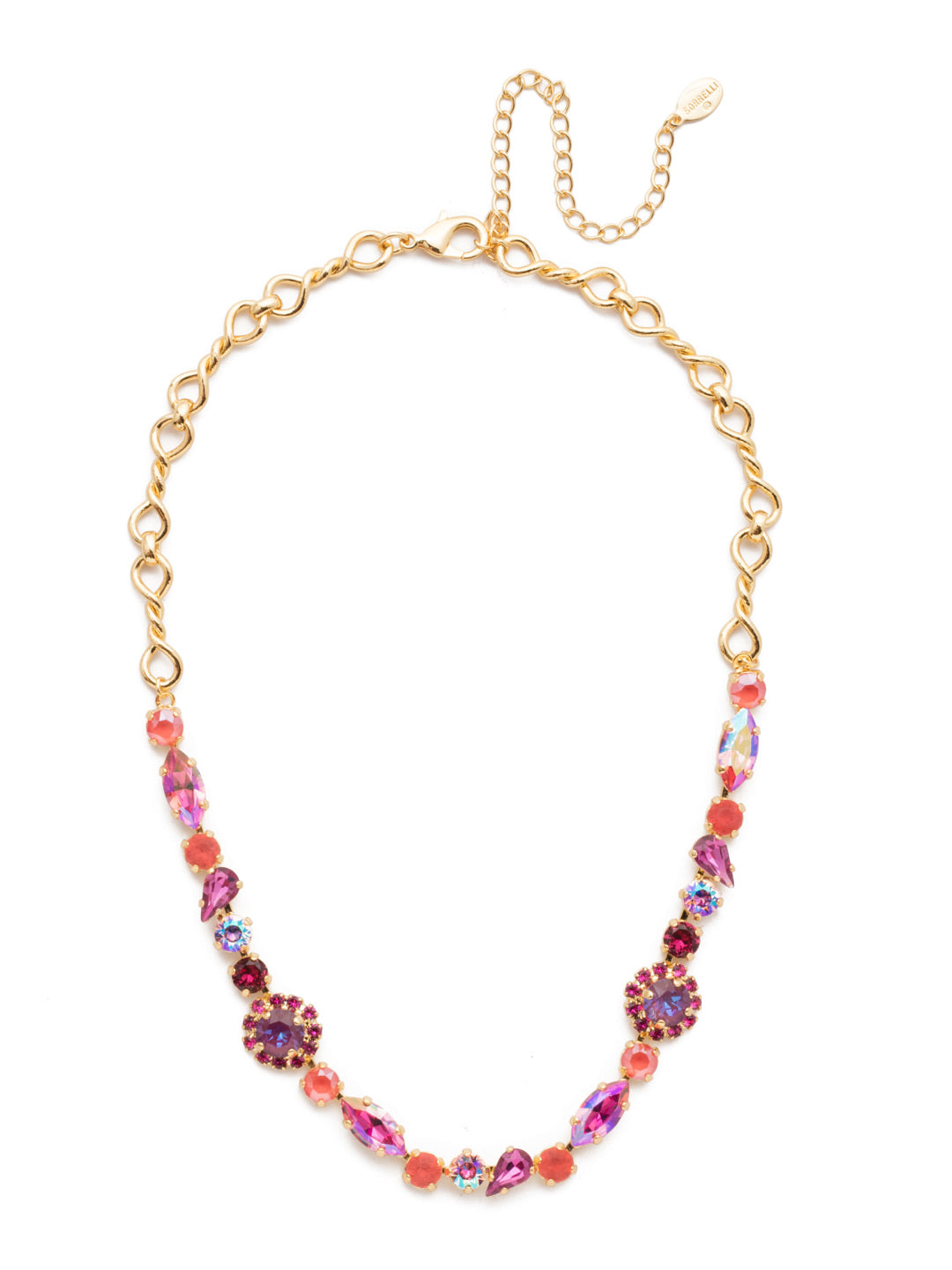 Nova Tennis Necklace - NES9BGBGA - The Nova Tennis Necklace shines bright with hand-molded metalwork giving way to sparkling crystals galore in cushion, round, marquise and navette shapes. From Sorrelli's Begonia collection in our Bright Gold-tone finish.