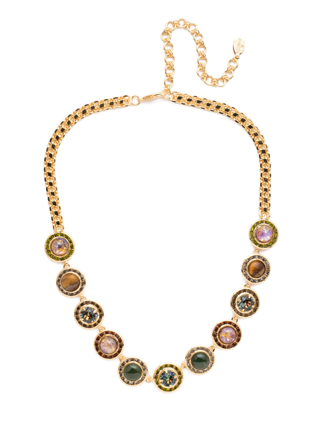 Kaia Statement Necklace - NET10BGCSM - The Kaia Statement Necklace is bold with its chunky chainmetal strand that gives way to irredescent gems rimmed in stunning, sparkling crystals. From Sorrelli's Cashmere collection in our Bright Gold-tone finish.