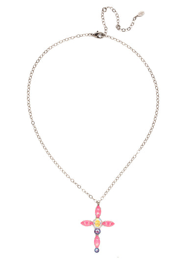Ansley Pendant Necklace - NET18ASETP - The Ansley Pendant Necklace features a cross crafted from sparkling navette, antique emerald and round crystals in varying shades. From Sorrelli's Electric Pink collection in our Antique Silver-tone finish.