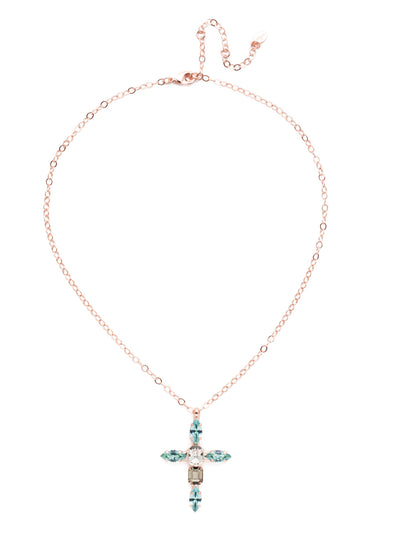 Ansley Pendant Necklace - NET18RGCAZ - The Ansley Pendant Necklace features a cross crafted from sparkling navette, antique emerald and round crystals in varying shades. From Sorrelli's Crystal Azure collection in our Rose Gold-tone finish.