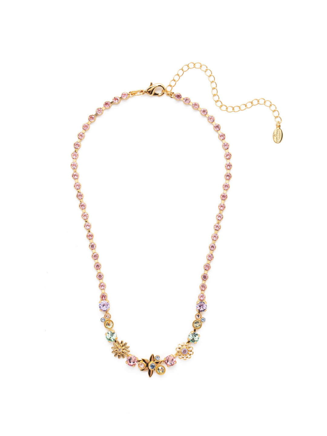 Roseanne Tennis Necklace - NEV13BGSPR - <p>The Roseanne Tennis Necklace is a big sparkler. Floral metalwork stands out on a strand entirely lined in round, sparkling crystals. You're sure to stand out in this one. From Sorrelli's Spring Rain collection in our Bright Gold-tone finish.</p>